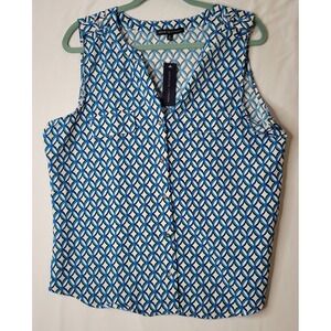 Adrienne Vittadini Blue Geometric Sleeveless Button Down Blouse XL Work VW34092
